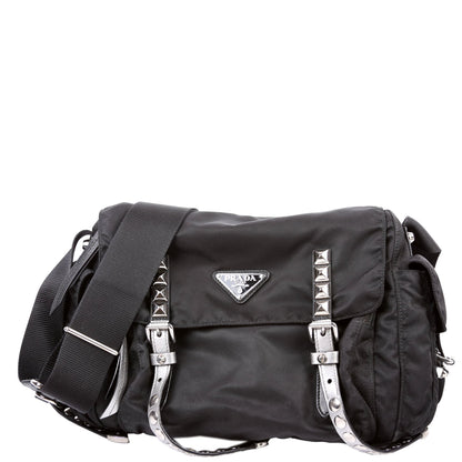 Prada New Velanylon Studded Messenger Black Bag Rovelle Bags