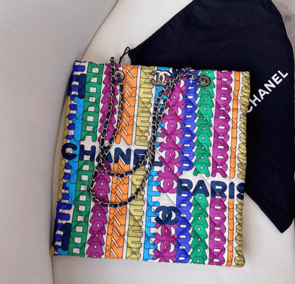 Chanel Rainbow Logo Quilted Textile Tote Bag Gold Hardware 2021 Rovelle Bags