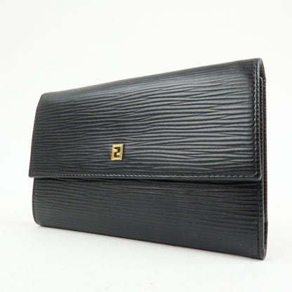 FENDI Embossed Leather Long Flap Wallet Black 30858 Rovelle Bags