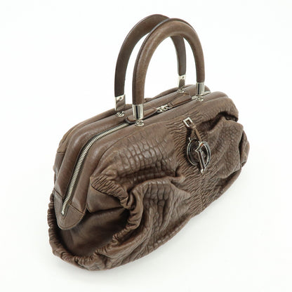 Christian Dior Embossed Gathered Leather Boston Bag Hand Bag Brown Rovelle Bags