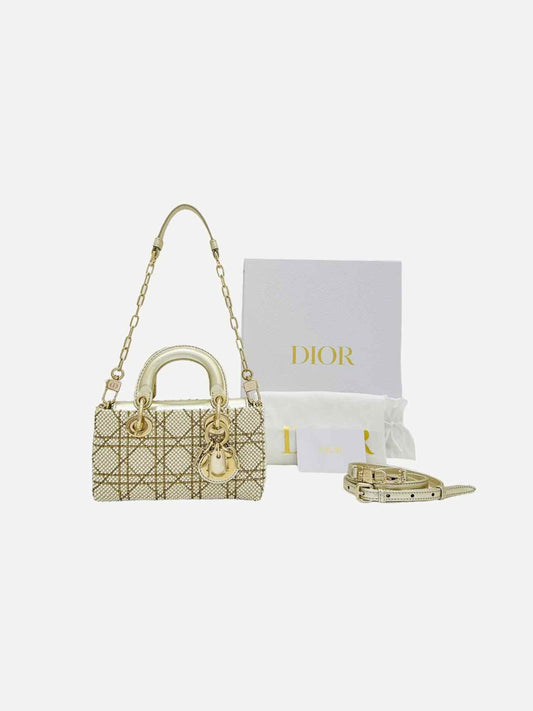 Christian Dior Lady D-Joy Size Micro Peral Embroidered Gold Leather Shoulder Bag Rovelle Bags