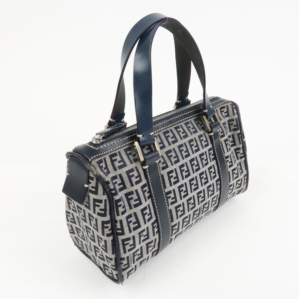 FENDI Zucchino Canvas Leather Hand Bag Mini Boston Bag Navy 16327 Rovelle Bags
