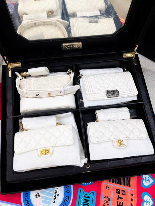 Chanel Set Of 4 White Mini Bags With Quilted Trunk Rovelle Bags