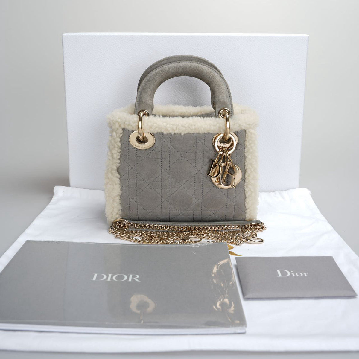 Christian Dior Lady Dior 2020 Mini Suede Shearling Cannage Lady Dior Satchel Rovelle Bags