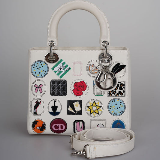 Christian Dior White Leather Lady Dior Bag Patch Embellished Medium Rovelle Bags