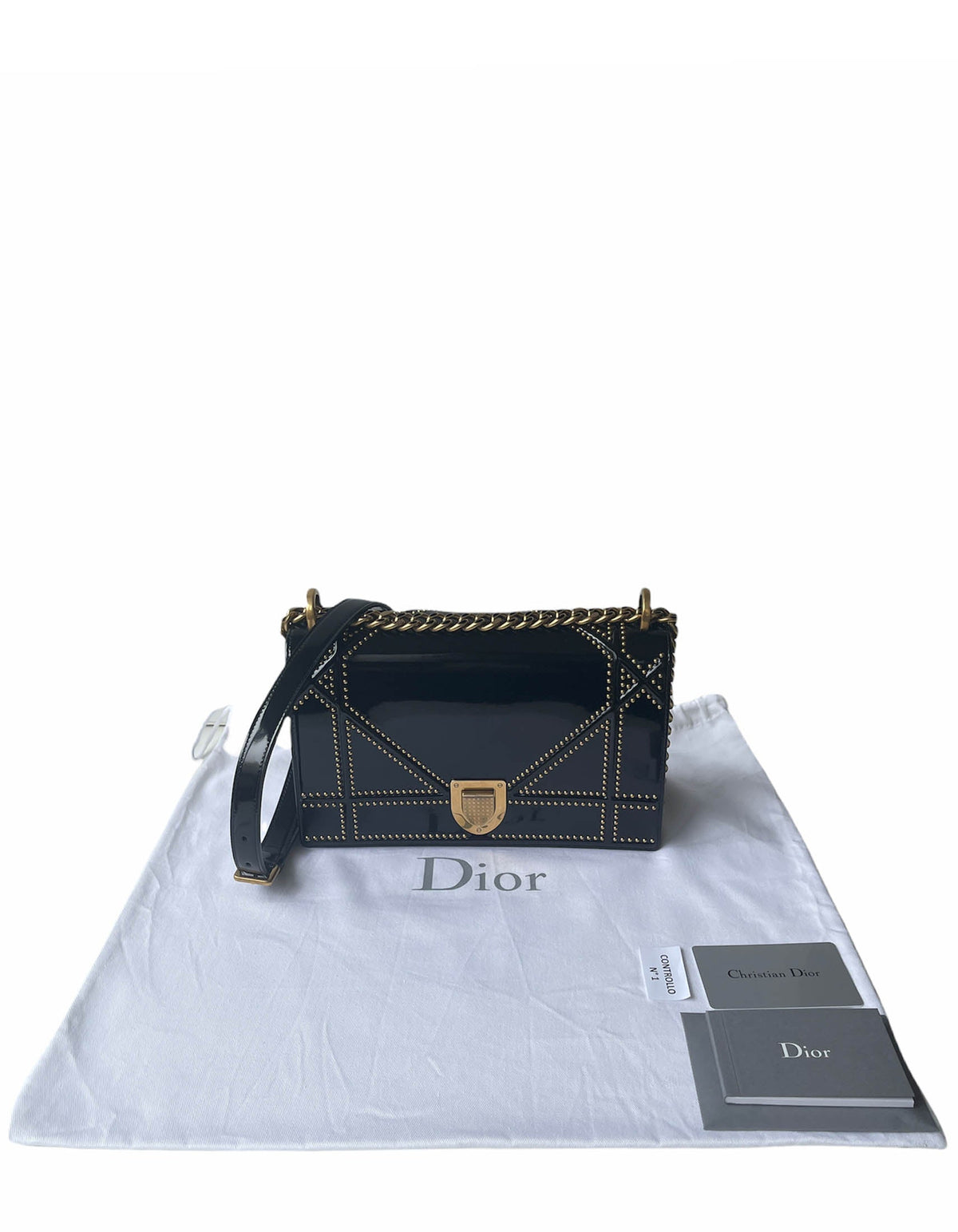 Christian Dior Black Patent Leather Studded Medium Diorama Flap Bag Rovelle Bags