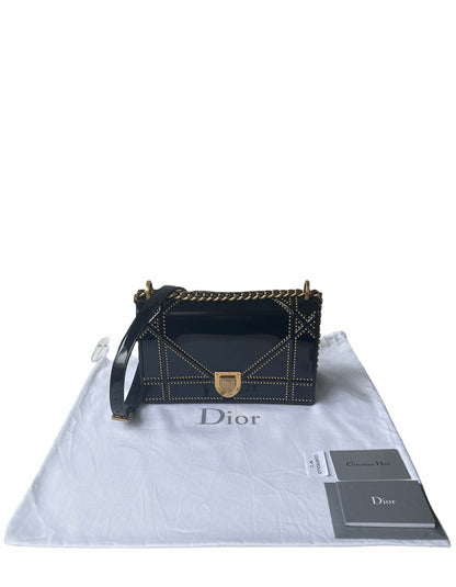 Christian Dior Black Patent Leather Studded Medium Diorama Flap Bag Rovelle Bags