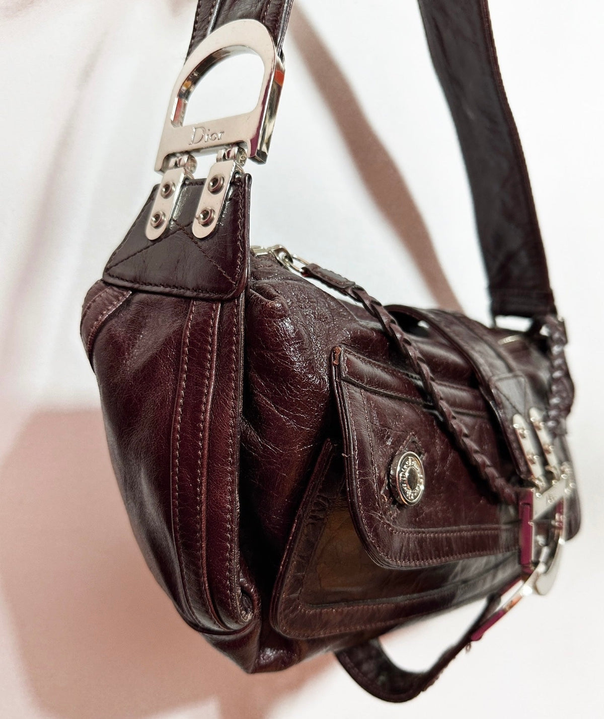 Dior Flight Medium Shoulder Bag Wine Burgundy Crumpled Patent Lambskin Leather Rovelle Bags