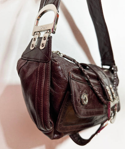 Dior Flight Medium Shoulder Bag Wine Burgundy Crumpled Patent Lambskin Leather Rovelle Bags