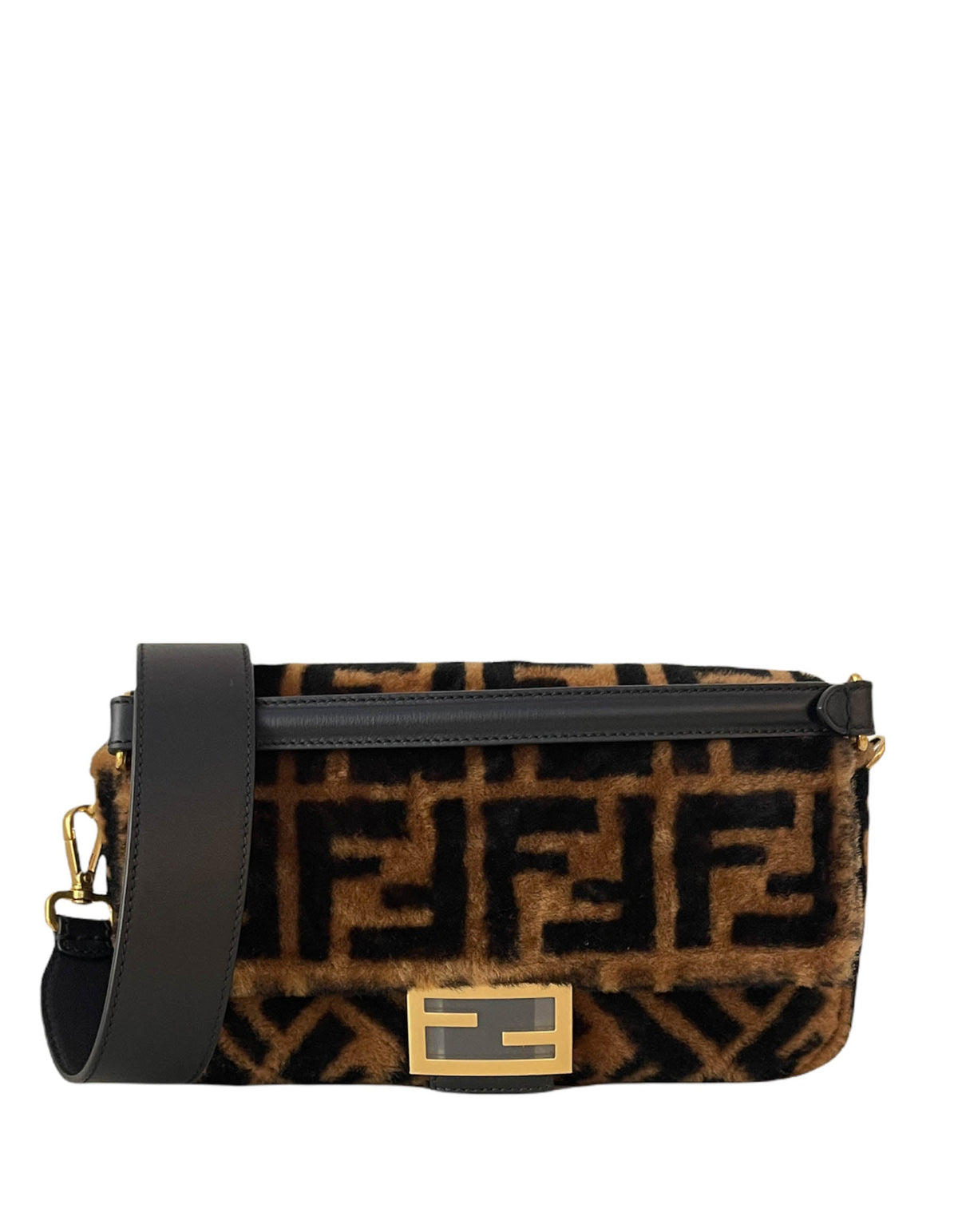 Fendi Brown Monogram Sheepskin Baguette NM Bag w/ Two Straps Rovelle Bags