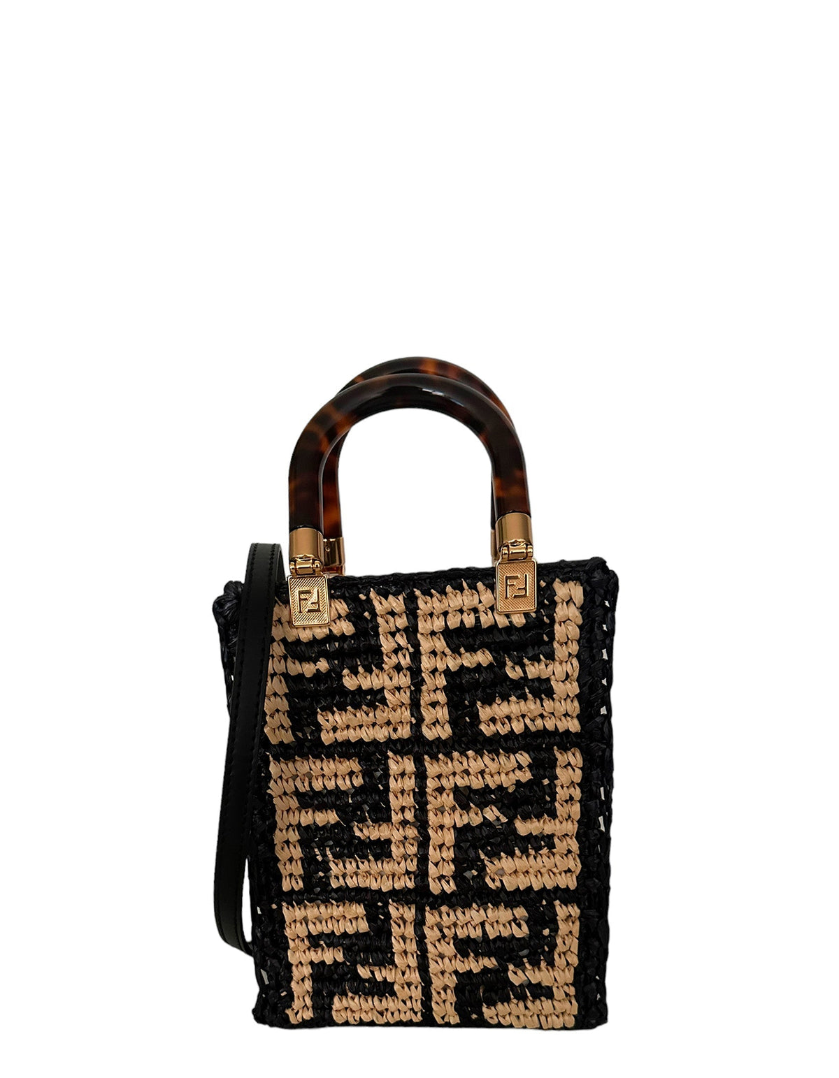 Fendi Monogram Black/Beige Raffia Mini Sunshine Shopper Tote Bag Rovelle Bags