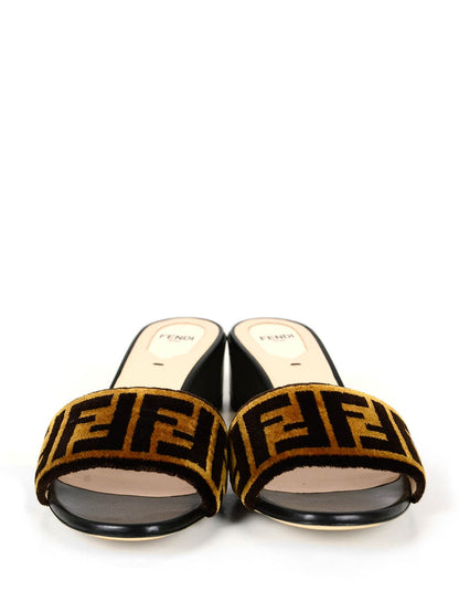 Fendi NEW Logo Print Velvet & Leather Mules sz 39.5 Rovelle Bags