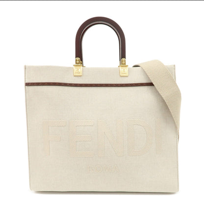 FENDI Leather Canvas Sunshine Medium Tote Bag Natural 8BH386 Rovelle Bags