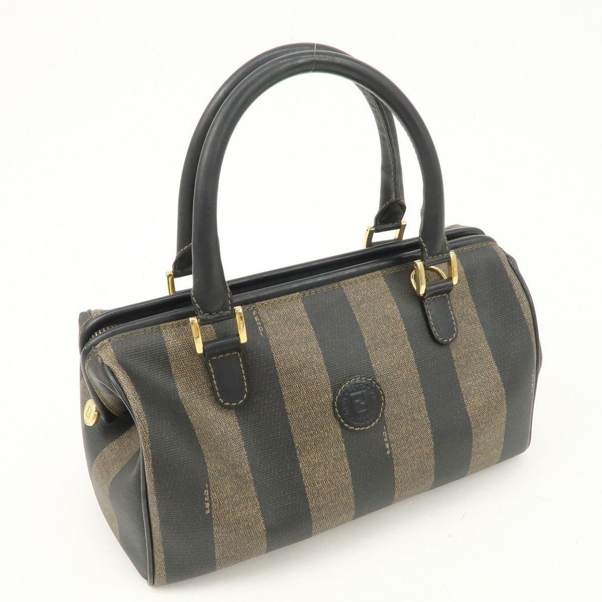 FENDI Pequin PVC Canvas Hand Bag Boston Bag Black Brown Rovelle Bags