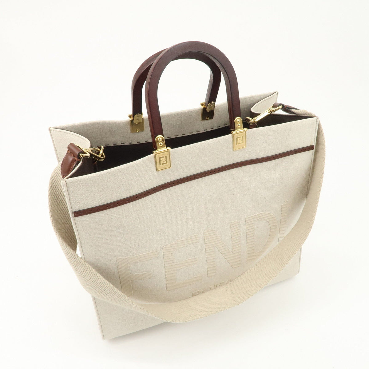 FENDI Leather Canvas Sunshine Medium Tote Bag Natural 8BH386 Rovelle Bags