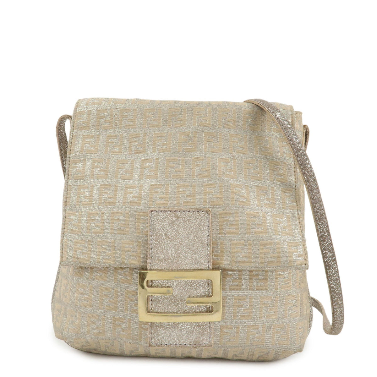 FENDI Zucchino Canvas Leather Shoulder Bag Silver Beige 8BT075 Rovelle Bags