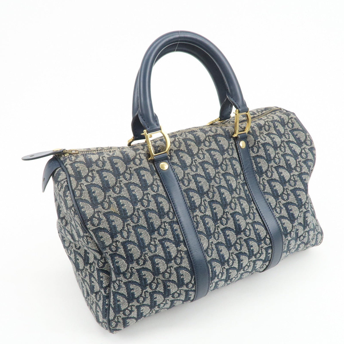 Christian Dior Trotter Jacquard Canvas Leather Boston Bag Navy Rovelle Bags