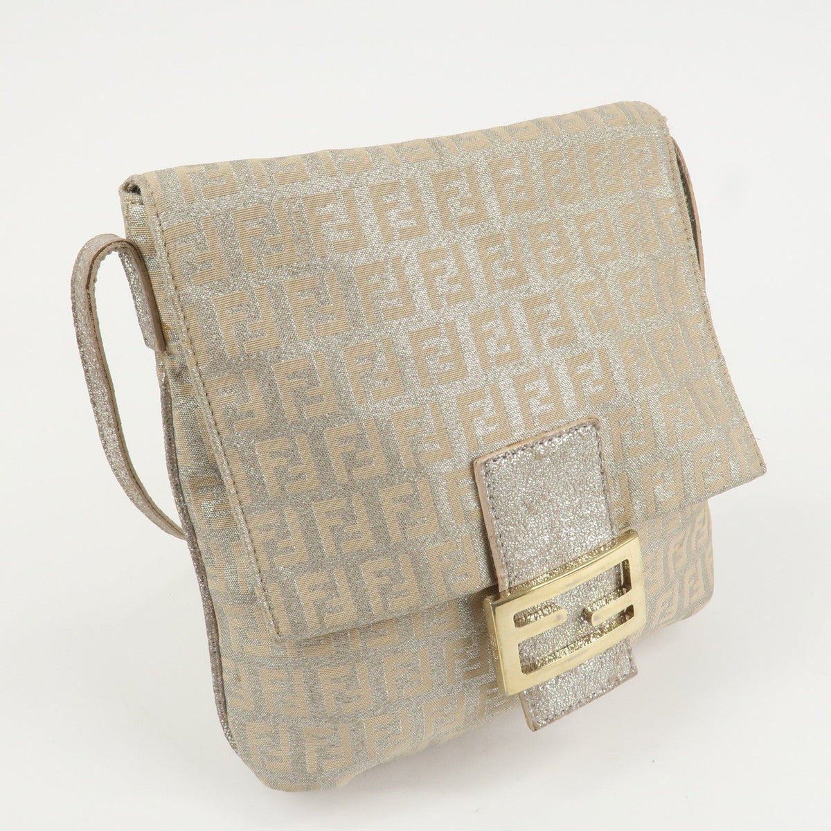 FENDI Zucchino Canvas Leather Shoulder Bag Silver Beige 8BT075 Rovelle Bags