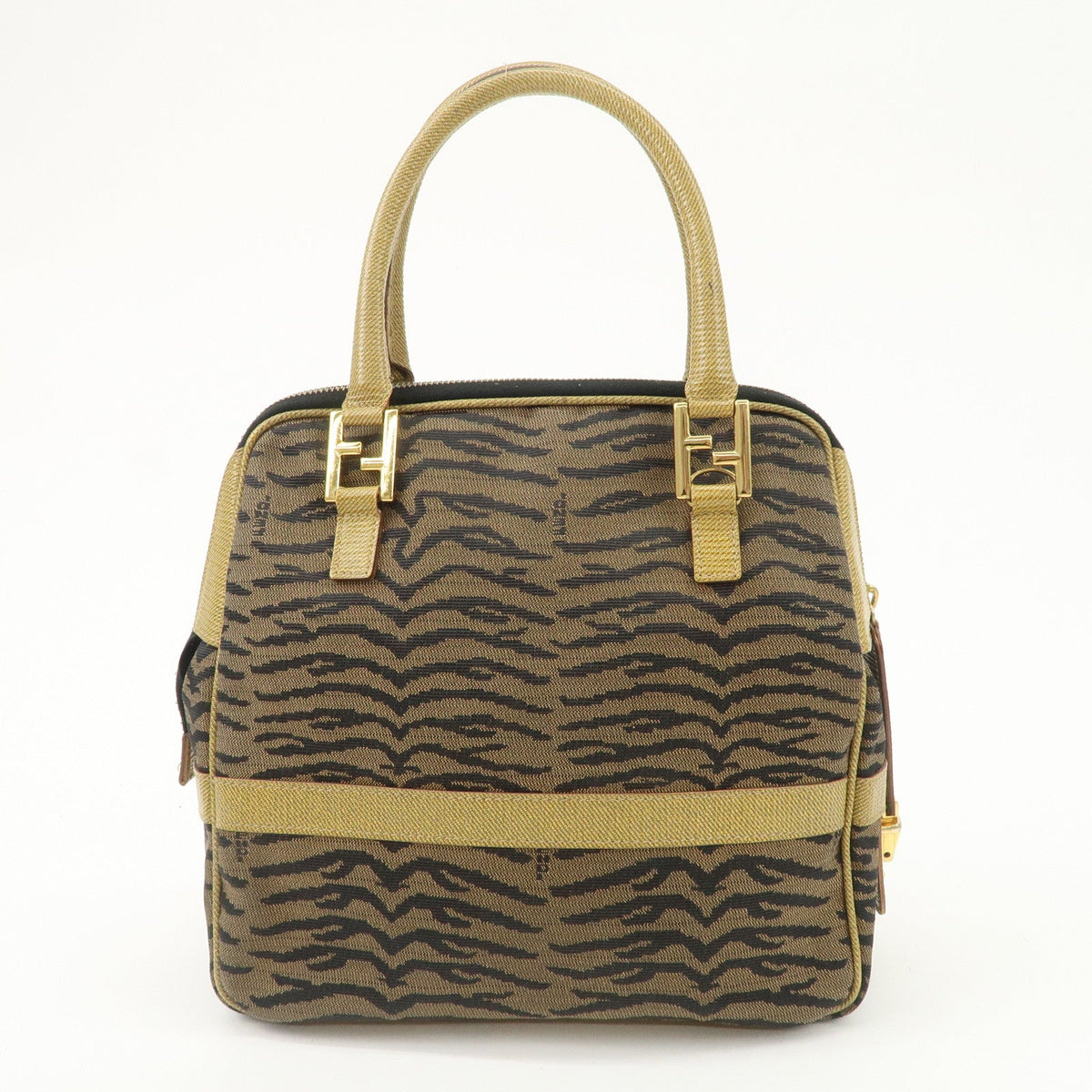 FENDI Leather Canvas 2Way Bag Hand Bag Zebra Print Black Brown Rovelle Bags