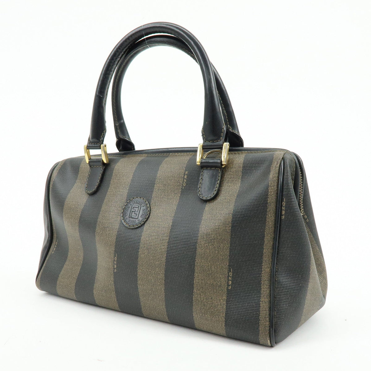 FENDI Pequin PVC Leather Boston Bag Hand Bag Black Brown Rovelle Bags