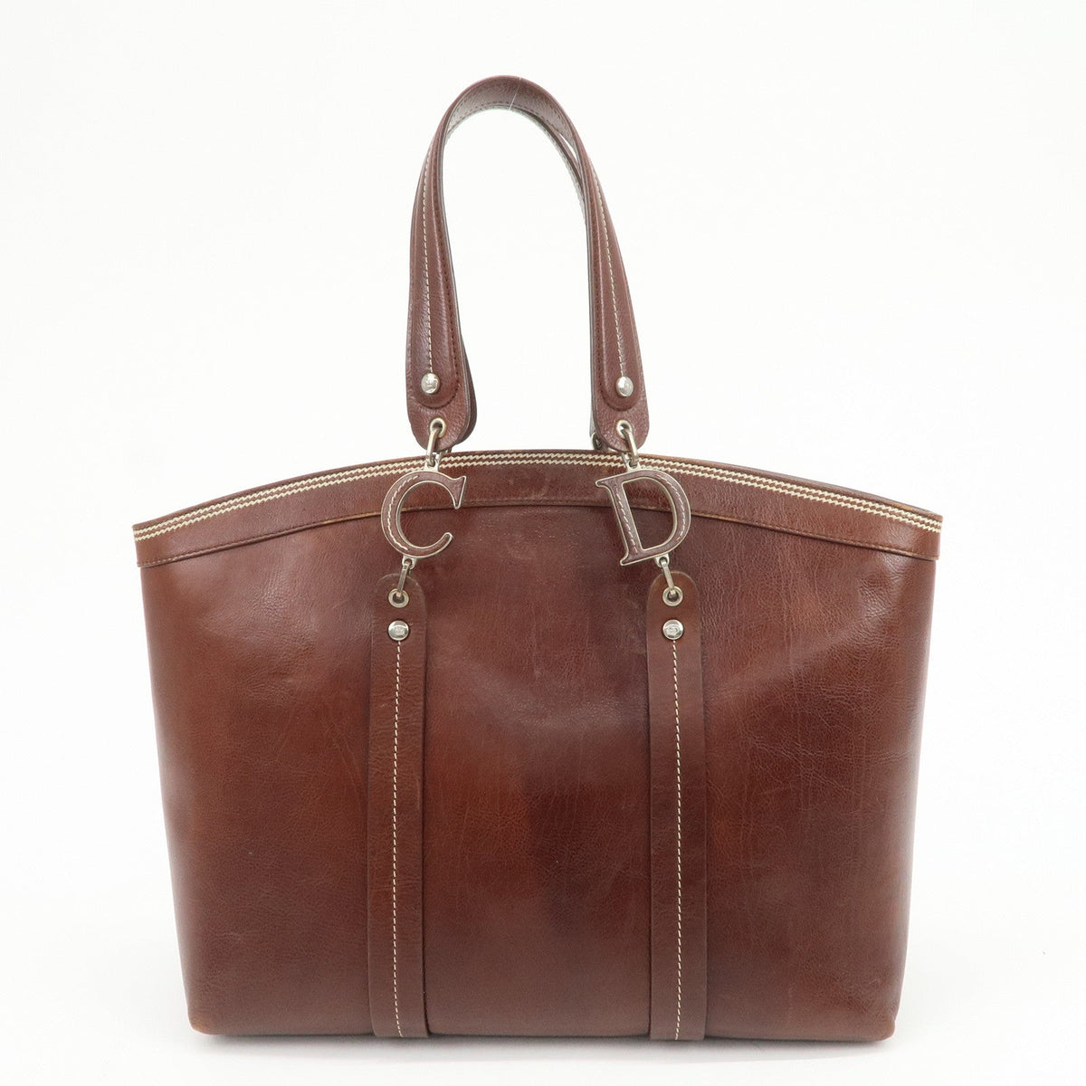 Christian Dior Leather Flower Embroidery Tote Shoulder Bag Brown Rovelle Bags