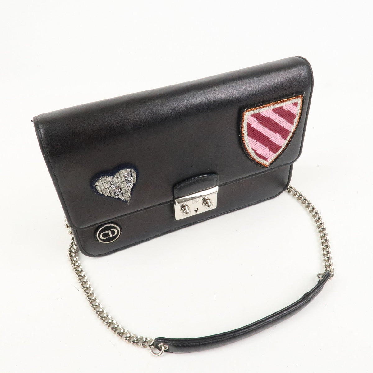 Christian Dior Leather Chain Shoulder Bag Heart Embroidery Black Rovelle Bags