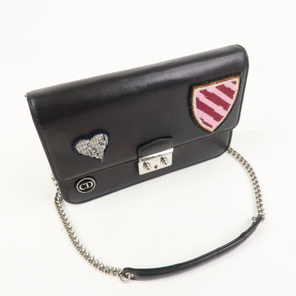 Christian Dior Leather Chain Shoulder Bag Heart Embroidery Black Rovelle Bags