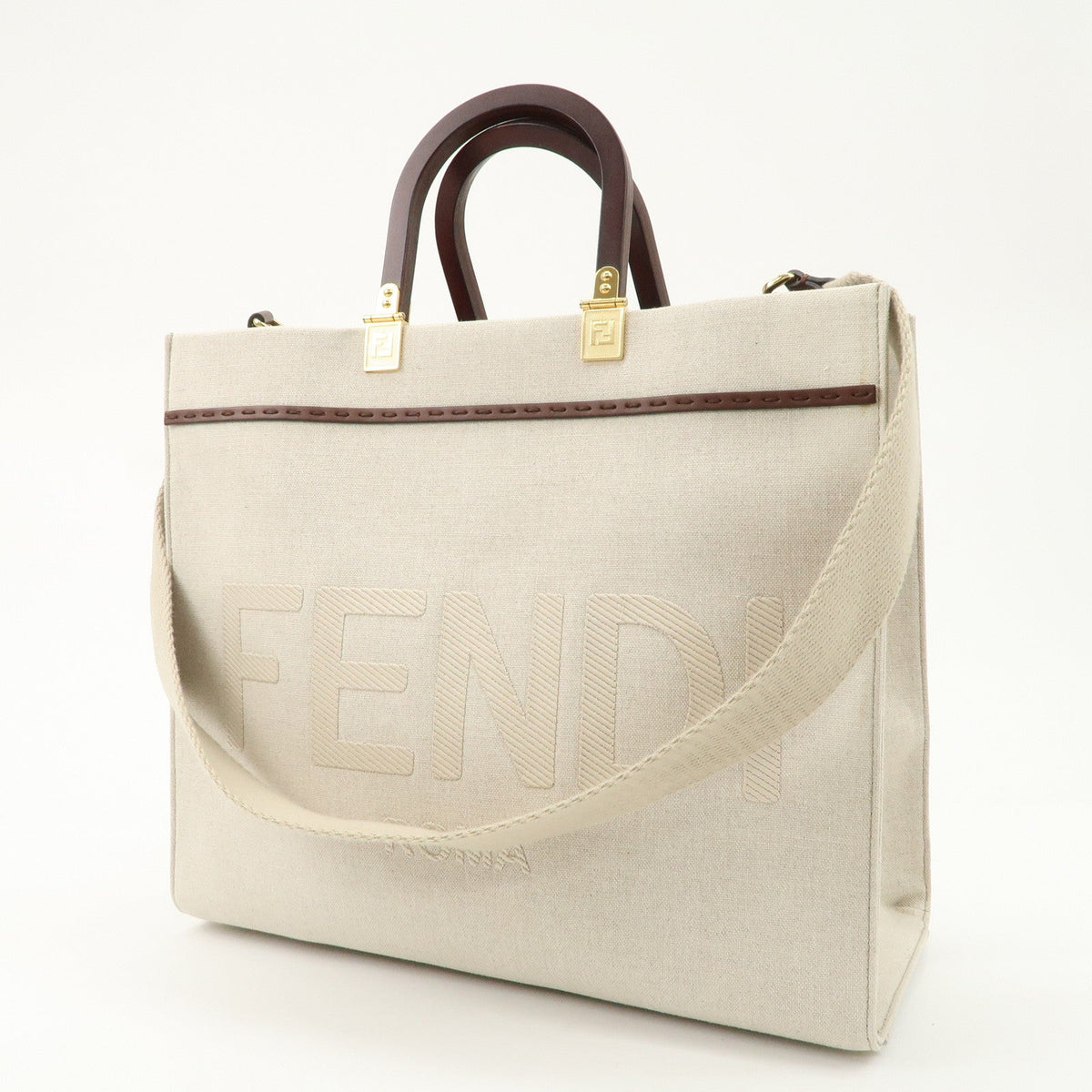 FENDI Leather Canvas Sunshine Medium Tote Bag Natural 8BH386 Rovelle Bags