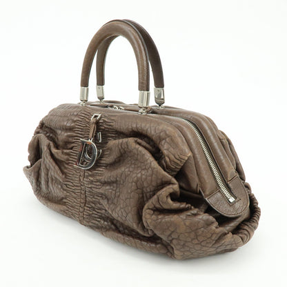Christian Dior Embossed Gathered Leather Boston Bag Hand Bag Brown Rovelle Bags