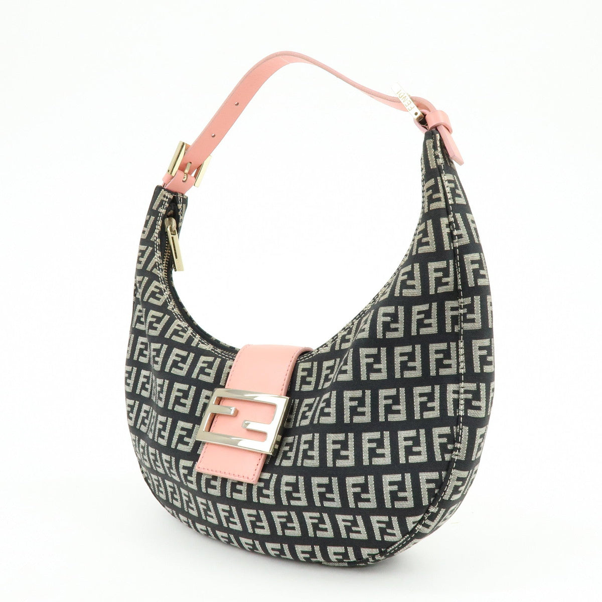 FENDI Zucchino Canvas Leather Shoulder Bag Black Pink 8BR020 Rovelle Bags