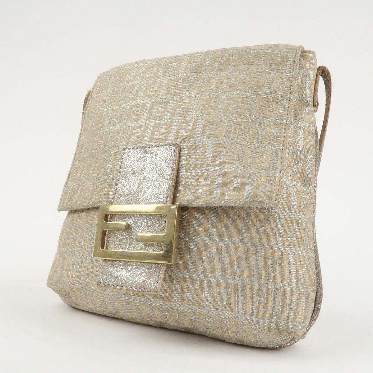 FENDI Zucchino Canvas Leather Shoulder Bag Silver Beige 8BT075 Rovelle Bags