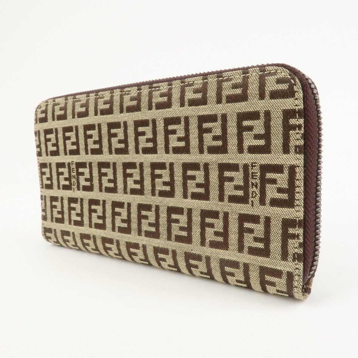 FENDI Zucchino Canvas Leather Round Zippy Long Wallet Brown 8M0024 Rovelle Bags