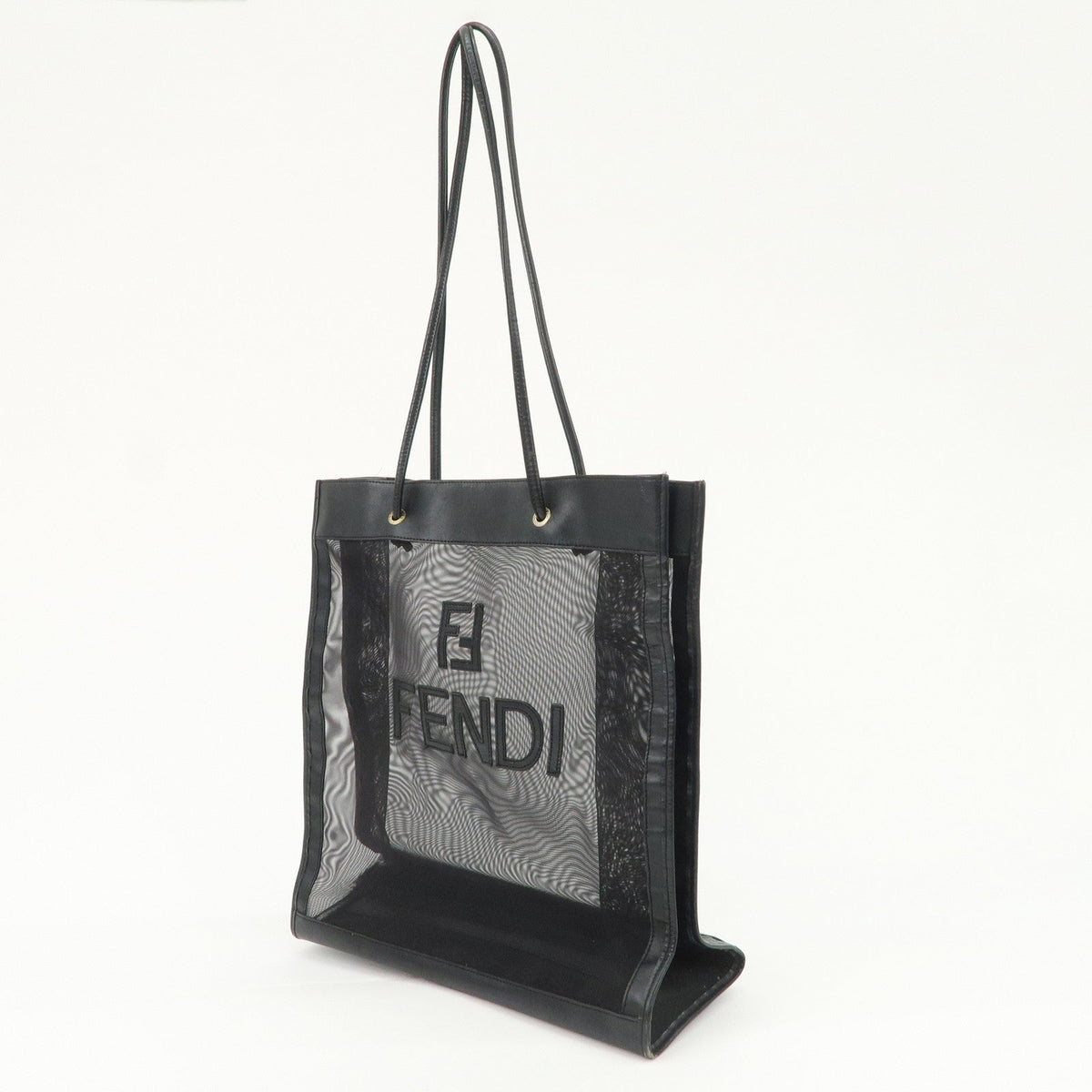 FENDI Mesh Leather Tote Bag Shoulder Bag Black Gold Hardware 259647 Rovelle Bags
