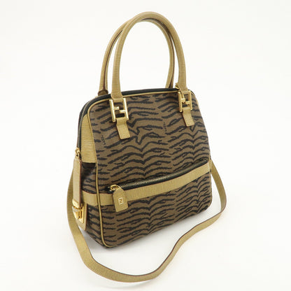 FENDI Leather Canvas 2Way Bag Hand Bag Zebra Print Black Brown Rovelle Bags