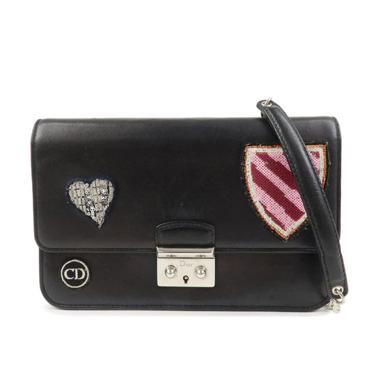 Christian Dior Leather Chain Shoulder Bag Heart Embroidery Black Rovelle Bags