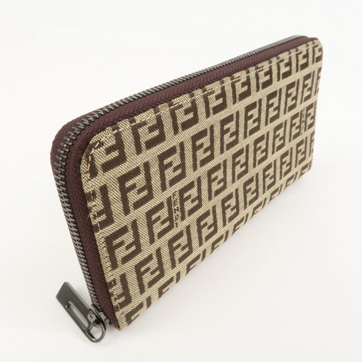 FENDI Zucchino Canvas Leather Round Zippy Long Wallet Brown 8M0024 Rovelle Bags