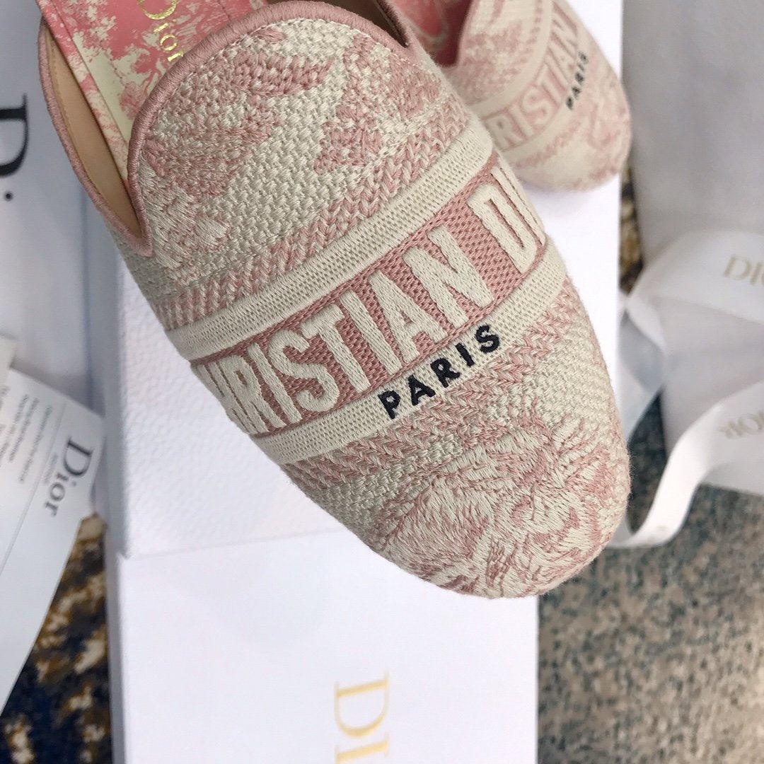 Dior Off Embroidered Cotton Flat Mules With Toile de Jouy Motif
