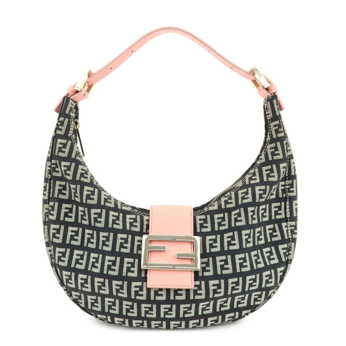 FENDI Zucchino Canvas Leather Shoulder Bag Black Pink 8BR020 Rovelle Bags