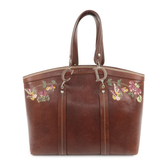 Christian Dior Leather Flower Embroidery Tote Shoulder Bag Brown Rovelle Bags
