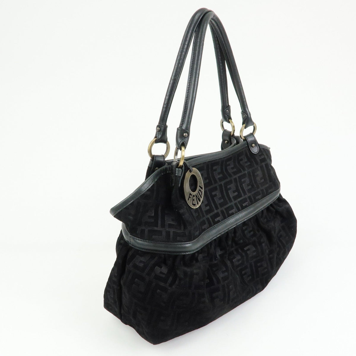 FENDI Zucca Suede Leather Gathered Shoulder Bag Black 8BH186 Rovelle Bags