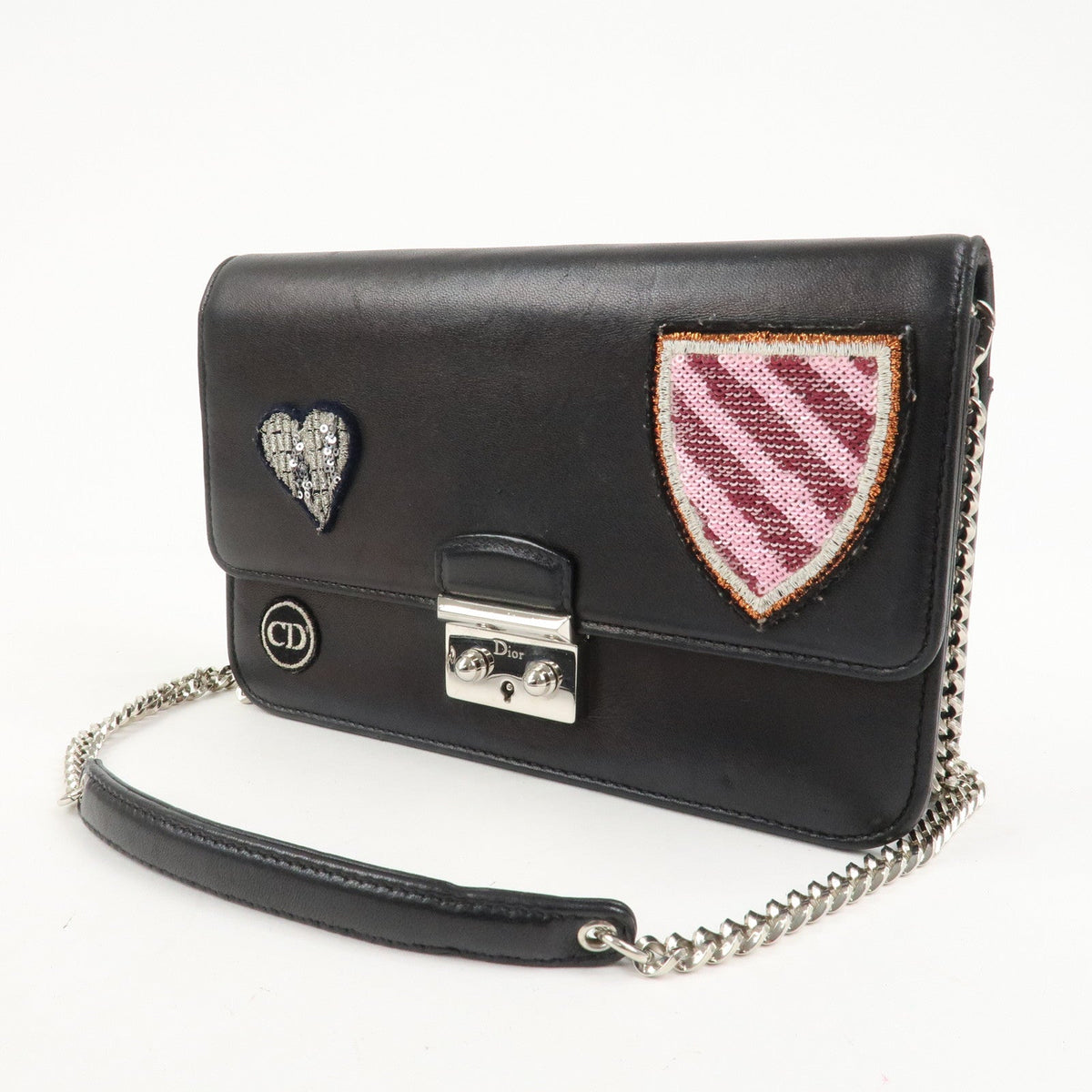 Christian Dior Leather Chain Shoulder Bag Heart Embroidery Black Rovelle Bags