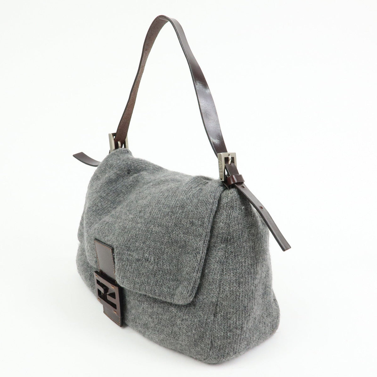 FENDI Mamma Baguette Wool Leather Shoulder Bag Grey Brown 26325 Rovelle Bags