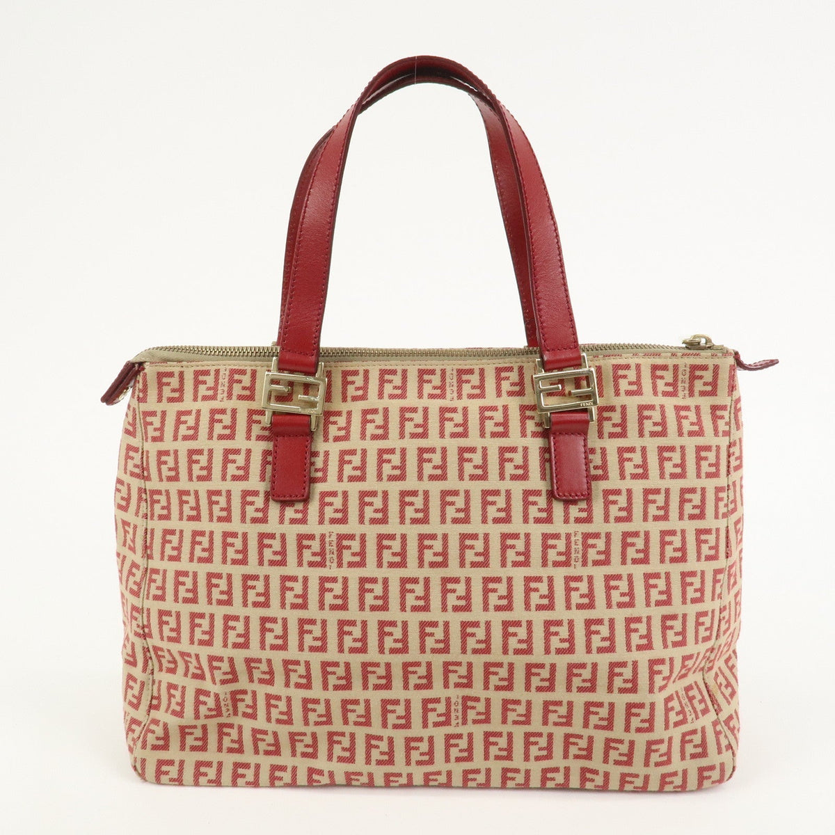 FENDI Zucchino Canvas Leather Tote Bag Hand Bag Beige Red 8BH134 Rovelle Bags