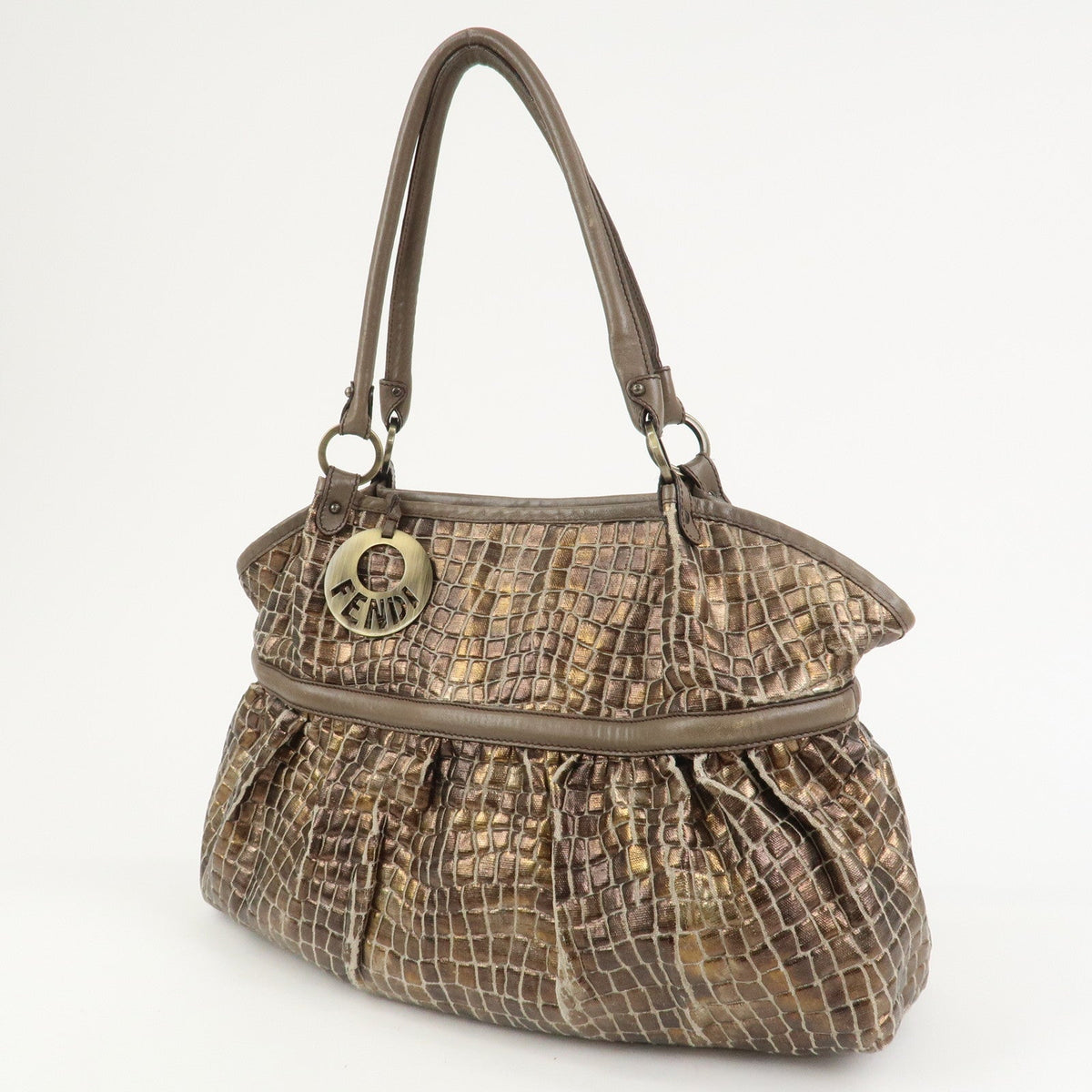 FENDI Embossed Leather Gathered Shoulder Bag Tote Bag Brown 8BH186 Rovelle Bags