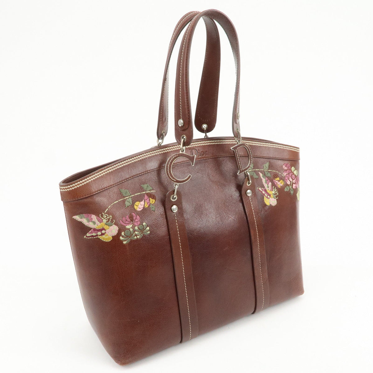 Christian Dior Leather Flower Embroidery Tote Shoulder Bag Brown Rovelle Bags