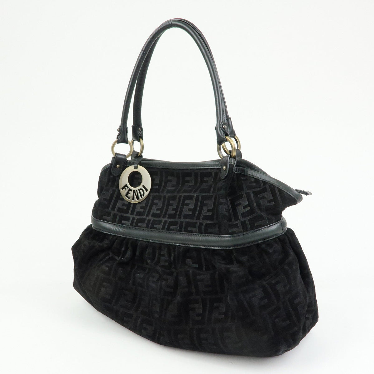 FENDI Zucca Suede Leather Gathered Shoulder Bag Black 8BH186 Rovelle Bags