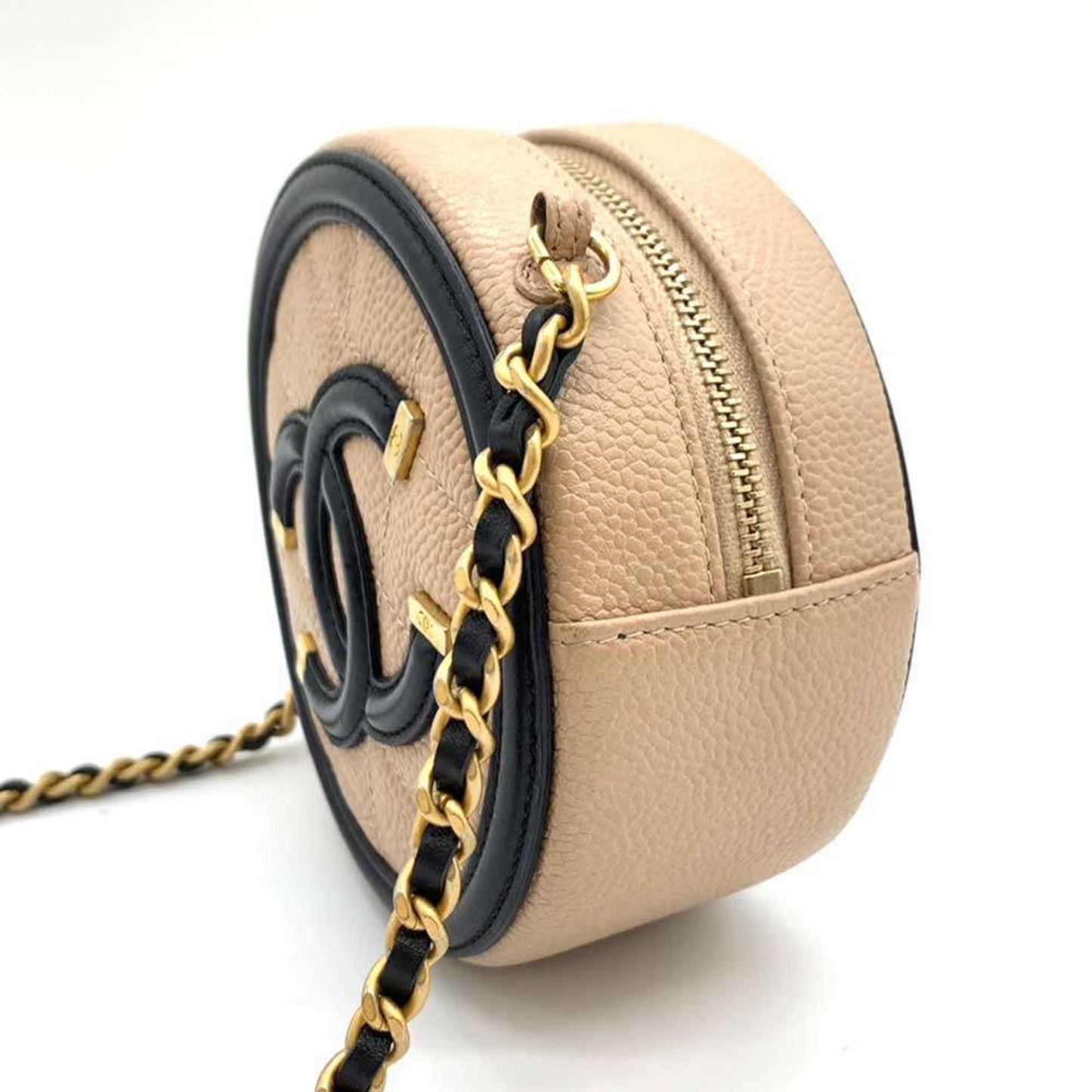 Chanel Bag CC Filigree Round Chain Shoulder Beige x Black Pochette Pouch Circle Crossbody Women's Caviar Skin Chanel Rovelle Bags