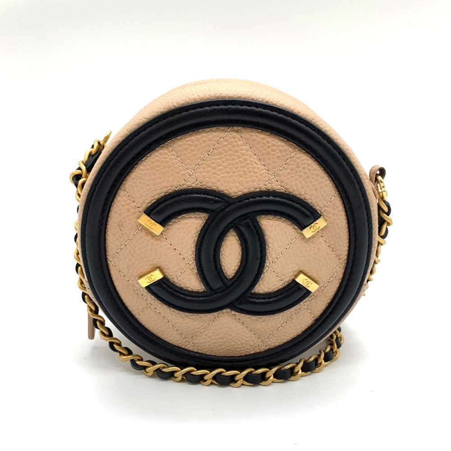 Chanel Bag CC Filigree Round Chain Shoulder Beige x Black Pochette Pouch Circle Crossbody Women's Caviar Skin Chanel Rovelle Bags