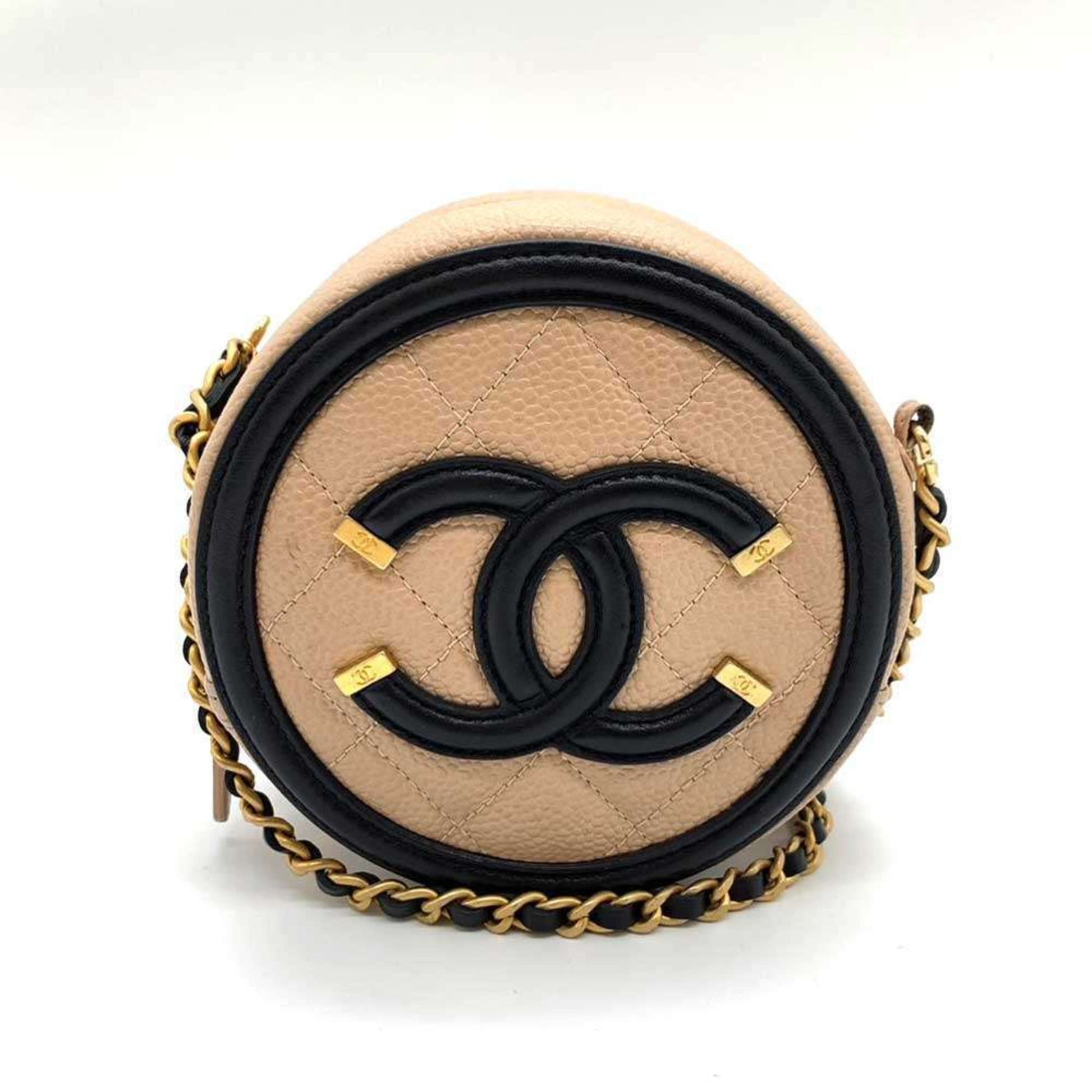 Chanel Bag CC Filigree Round Chain Shoulder Beige x Black Pochette Pouch Circle Crossbody Women's Caviar Skin Chanel Rovelle Bags