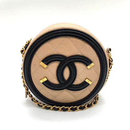 Chanel Bag CC Filigree Round Chain Shoulder Beige x Black Pochette Pouch Circle Crossbody Women's Caviar Skin Chanel Rovelle Bags